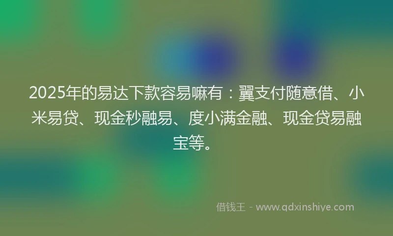 2025年的易达下款容易嘛有：翼支付随意借、小米易贷、现金秒融易、度小满金融、现金贷易融宝等。