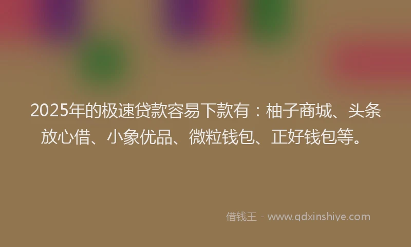 2025年的极速贷款容易下款有：柚子商城、头条放心借、小象优品、微粒钱包、正好钱包等。