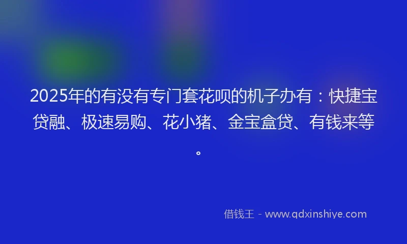 2025年的有没有专门套花呗的机子办有：快捷宝贷融、极速易购、花小猪、金宝盒贷、有钱来等。