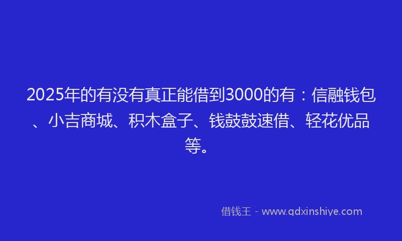 2025年的有没有真正能借到3000的有：信融钱包、小吉商城、积木盒子、钱鼓鼓速借、轻花优品等。