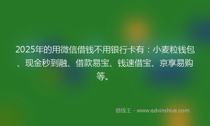 2025年的用微信借钱不用银行卡有：小麦粒钱包、现金秒到融、借款易宝、钱速借宝、京享易购等。