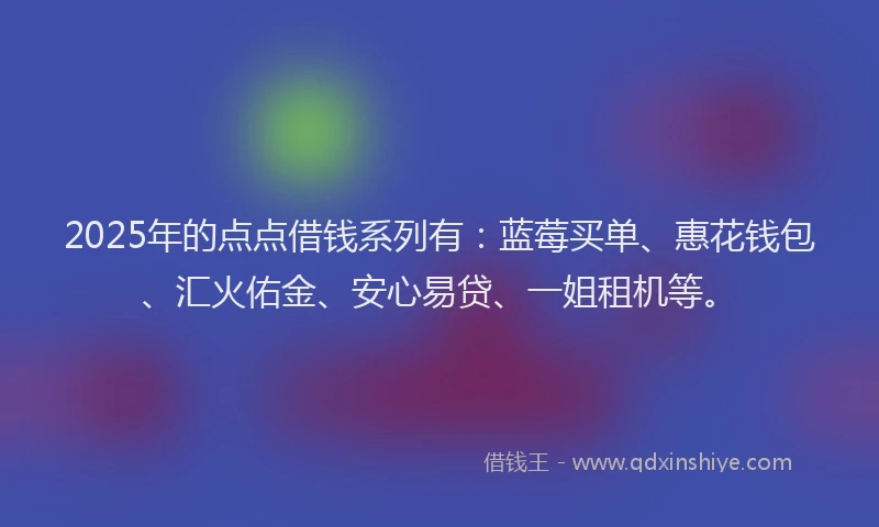 2025年的点点借钱系列有：蓝莓买单、惠花钱包、汇火佑金、安心易贷、一姐租机等。