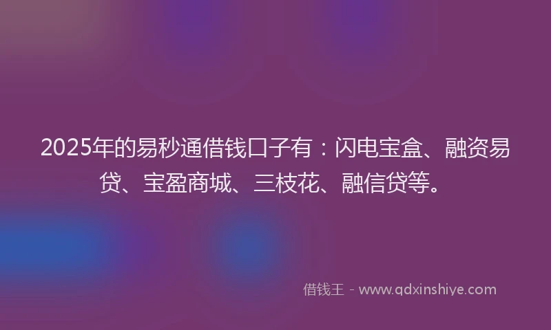 2025年的易秒通借钱口子有：闪电宝盒、融资易贷、宝盈商城、三枝花、融信贷等。