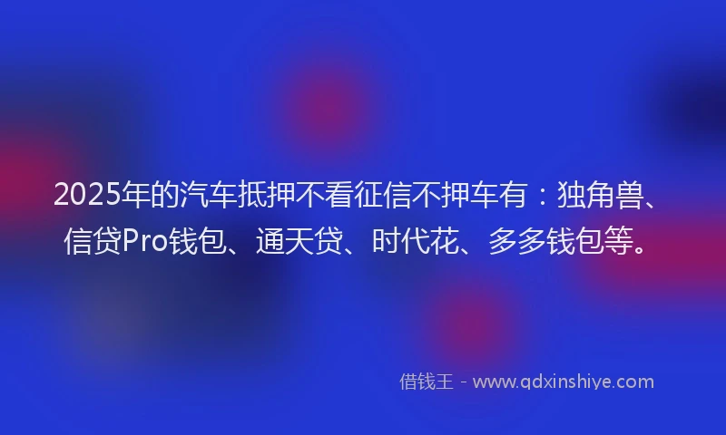 2025年的汽车抵押不看征信不押车有：独角兽、信贷Pro钱包、通天贷、时代花、多多钱包等。