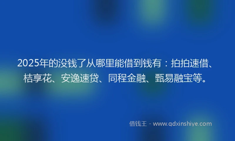 2025年的没钱了从哪里能借到钱有：拍拍速借、桔享花、安逸速贷、同程金融、甄易融宝等。