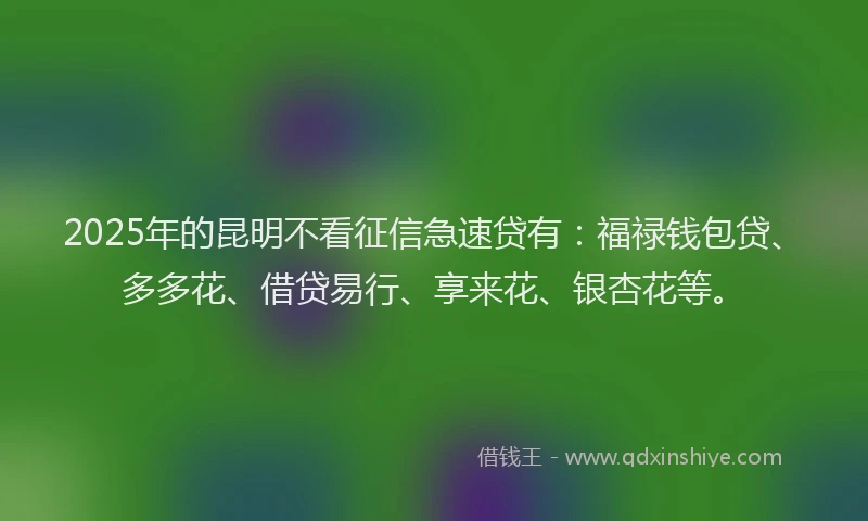 2025年的昆明不看征信急速贷有：福禄钱包贷、多多花、借贷易行、享来花、银杏花等。
