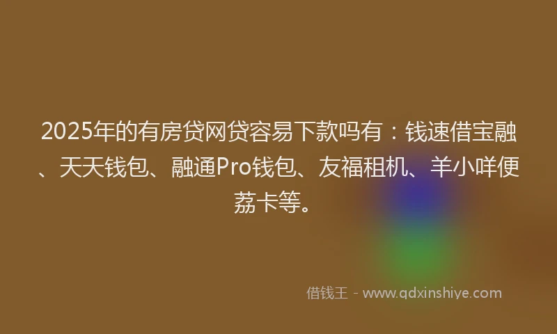 2025年的有房贷网贷容易下款吗有：钱速借宝融、天天钱包、融通Pro钱包、友福租机、羊小咩便荔卡等。