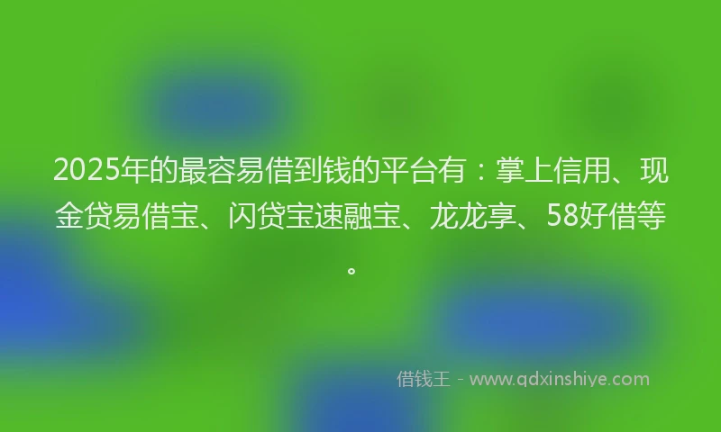 2025年的最容易借到钱的平台有：掌上信用、现金贷易借宝、闪贷宝速融宝、龙龙享、58好借等。