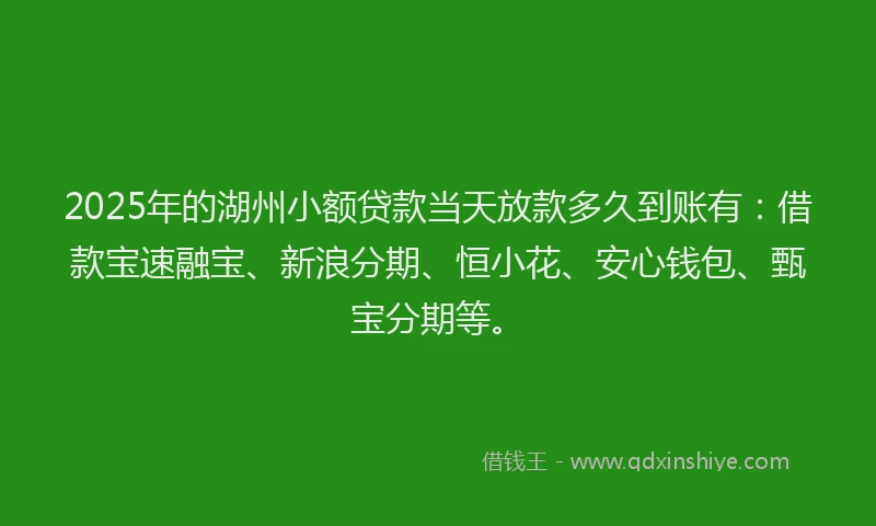 2025年的湖州小额贷款当天放款多久到账有：借款宝速融宝、新浪分期、恒小花、安心钱包、甄宝分期等。