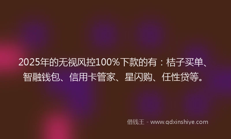 2025年的无视风控100%下款的有：桔子买单、智融钱包、信用卡管家、星闪购、任性贷等。