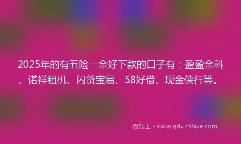 2025年的有五险一金好下款的口子有：盈盈金科、诺祥租机、闪贷宝易、58好借、现金侠行等。