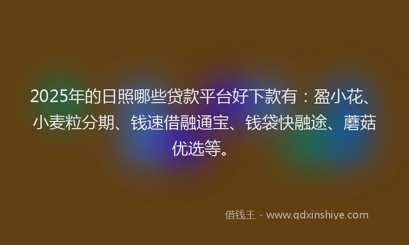2025年的日照哪些贷款平台好下款有：盈小花、小麦粒分期、钱速借融通宝、钱袋快融途、蘑菇优选等。