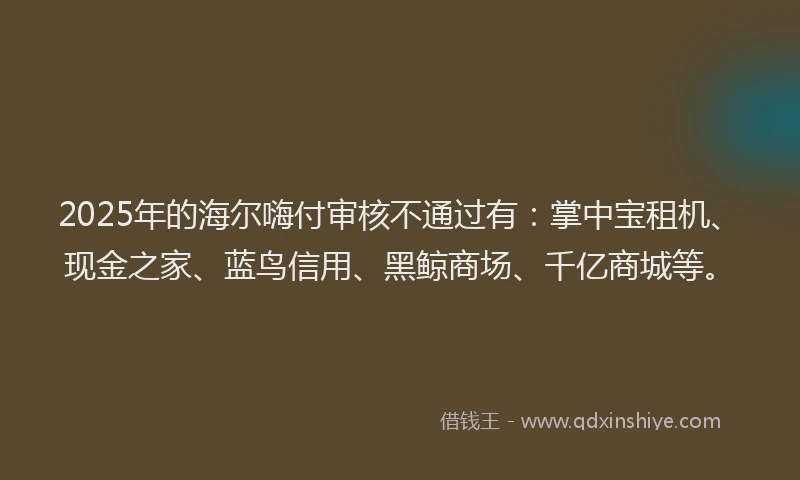 2025年的海尔嗨付审核不通过有：掌中宝租机、现金之家、蓝鸟信用、黑鲸商场、千亿商城等。