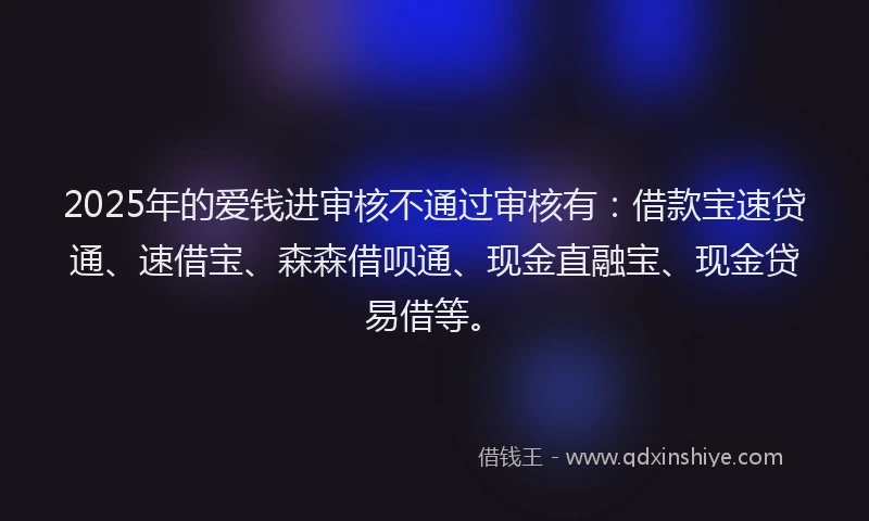 2025年的爱钱进审核不通过审核有：借款宝速贷通、速借宝、森森借呗通、现金直融宝、现金贷易借等。