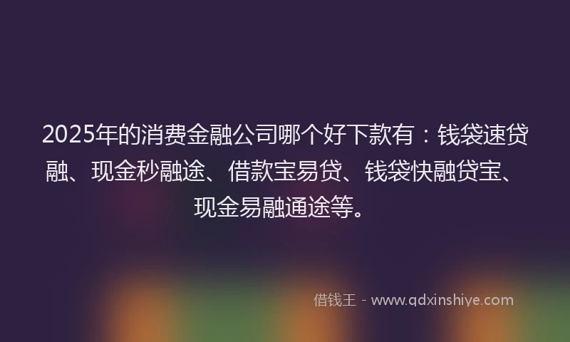 2025年的消费金融公司哪个好下款有：钱袋速贷融、现金秒融途、借款宝易贷、钱袋快融贷宝、现金易融通途等。