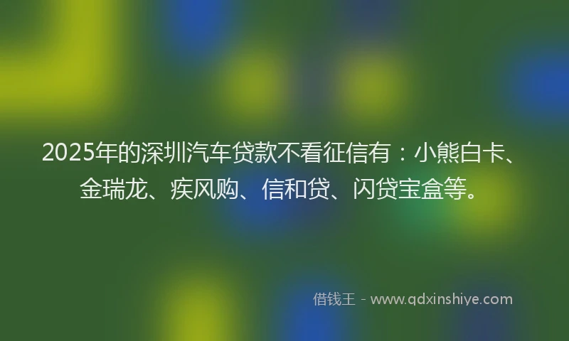 2025年的深圳汽车贷款不看征信有：小熊白卡、金瑞龙、疾风购、信和贷、闪贷宝盒等。