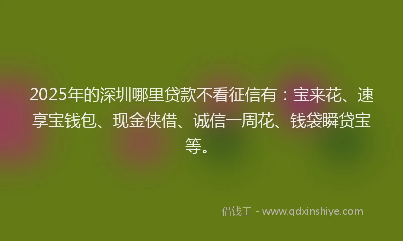 2025年的深圳哪里贷款不看征信有：宝来花、速享宝钱包、现金侠借、诚信一周花、钱袋瞬贷宝等。