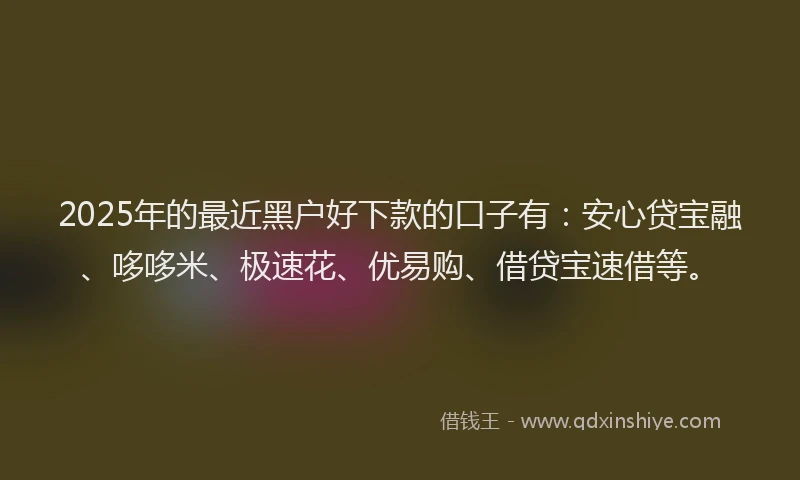 2025年的最近黑户好下款的口子有：安心贷宝融、哆哆米、极速花、优易购、借贷宝速借等。