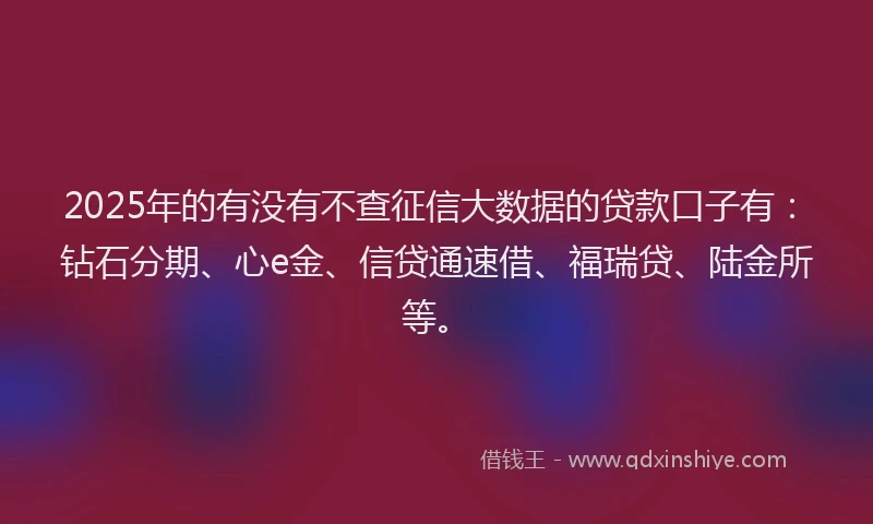 2025年的有没有不查征信大数据的贷款口子有：钻石分期、心e金、信贷通速借、福瑞贷、陆金所等。