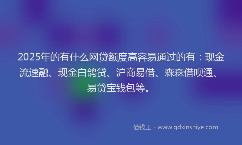 2025年的有什么网贷额度高容易通过的有：现金流速融、现金白鸽贷、沪商易借、森森借呗通、易贷宝钱包等。