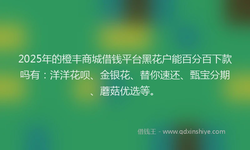 2025年的橙丰商城借钱平台黑花户能百分百下款吗有：洋洋花呗、金银花、替你速还、甄宝分期、蘑菇优选等。