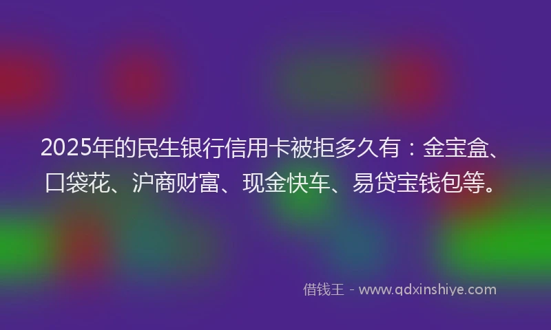 2025年的民生银行信用卡被拒多久有：金宝盒、口袋花、沪商财富、现金快车、易贷宝钱包等。