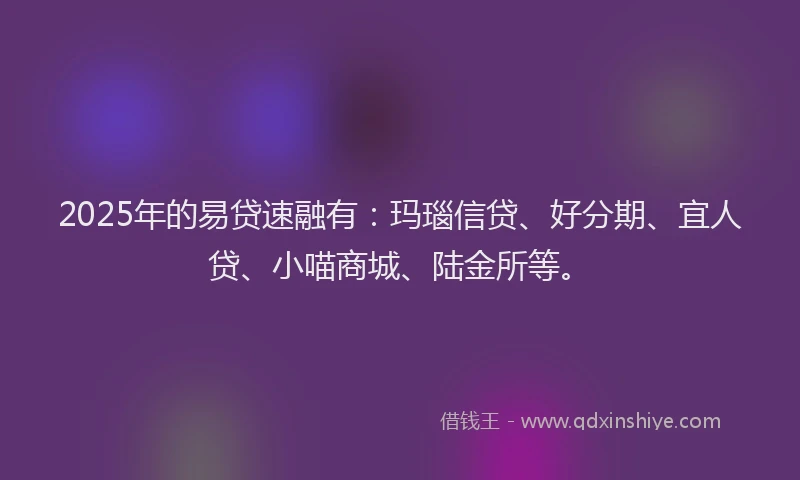 2025年的易贷速融有：玛瑙信贷、好分期、宜人贷、小喵商城、陆金所等。