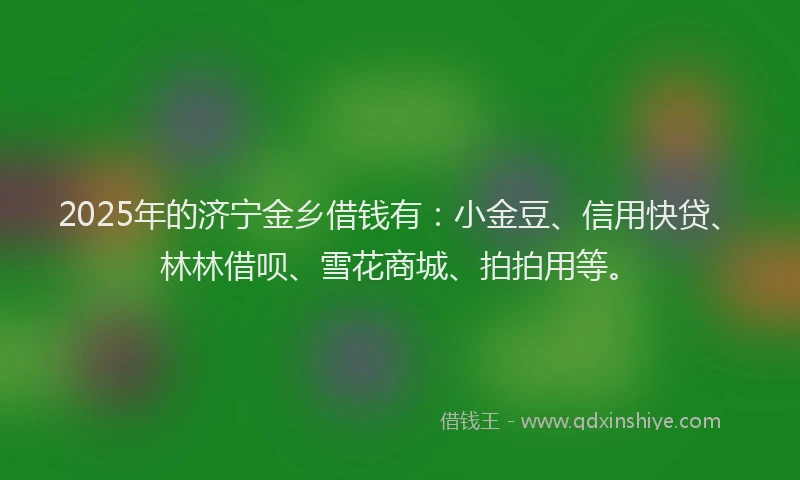 2025年的济宁金乡借钱有：小金豆、信用快贷、林林借呗、雪花商城、拍拍用等。