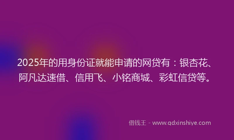 2025年的用身份证就能申请的网贷有：银杏花、阿凡达速借、信用飞、小铭商城、彩虹信贷等。