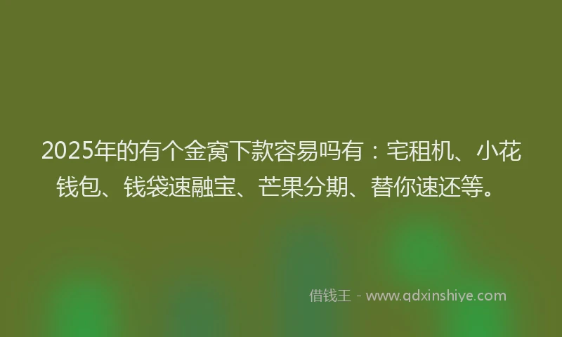 2025年的有个金窝下款容易吗有：宅租机、小花钱包、钱袋速融宝、芒果分期、替你速还等。