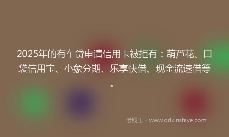 2025年的有车贷申请信用卡被拒有：葫芦花、口袋信用宝、小象分期、乐享快借、现金流速借等。