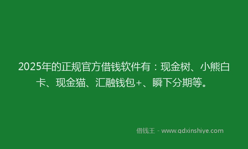 2025年的正规官方借钱软件有：现金树、小熊白卡、现金猫、汇融钱包+、瞬下分期等。