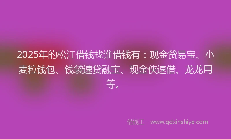 2025年的松江借钱找谁借钱有：现金贷易宝、小麦粒钱包、钱袋速贷融宝、现金侠速借、龙龙用等。
