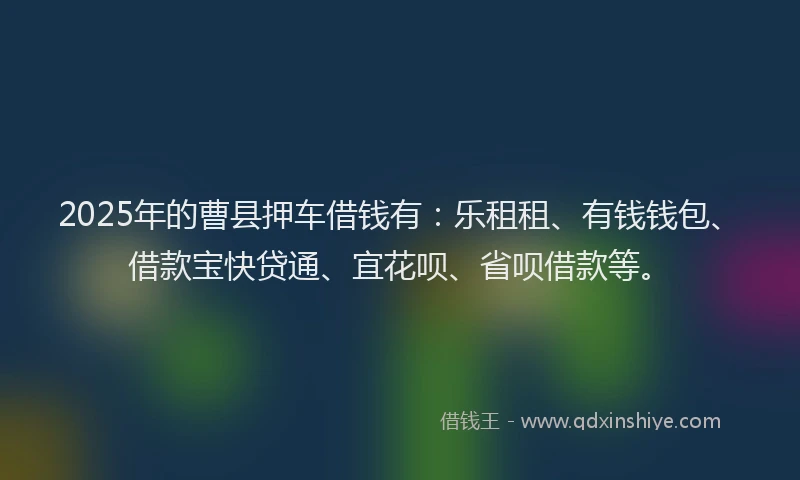 2025年的曹县押车借钱有：乐租租、有钱钱包、借款宝快贷通、宜花呗、省呗借款等。