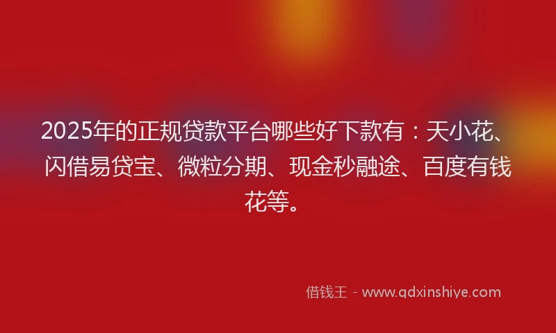 2025年的正规贷款平台哪些好下款有：天小花、闪借易贷宝、微粒分期、现金秒融途、百度有钱花等。