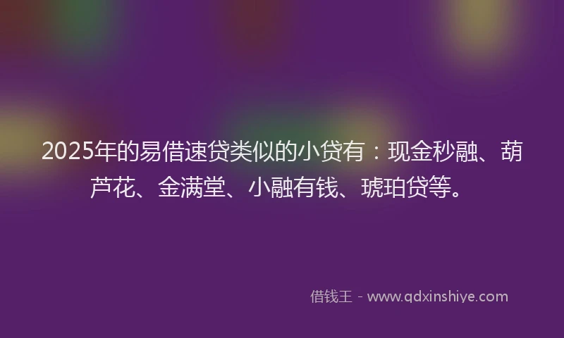 2025年的易借速贷类似的小贷有：现金秒融、葫芦花、金满堂、小融有钱、琥珀贷等。