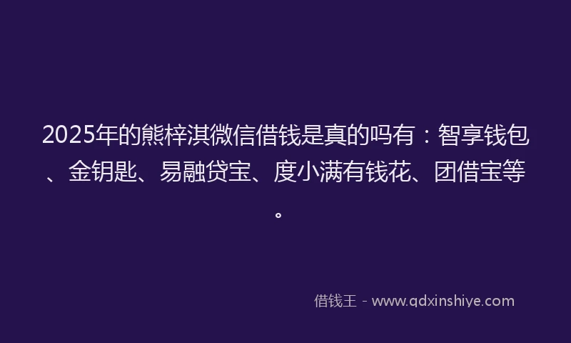 2025年的熊梓淇微信借钱是真的吗有：智享钱包、金钥匙、易融贷宝、度小满有钱花、团借宝等。