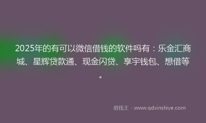 2025年的有可以微信借钱的软件吗有：乐金汇商城、星辉贷款通、现金闪贷、享宇钱包、想借等。