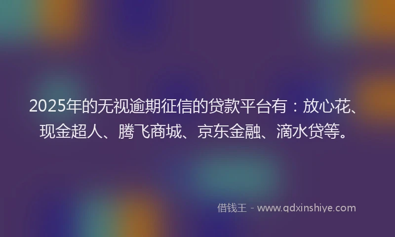 2025年的无视逾期征信的贷款平台有：放心花、现金超人、腾飞商城、京东金融、滴水贷等。