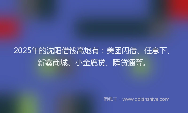 2025年的沈阳借钱高炮有：美团闪借、任意下、新鑫商城、小金鹿贷、瞬贷通等。