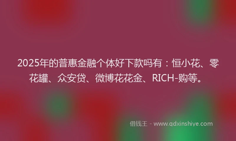 2025年的普惠金融个体好下款吗有：恒小花、零花罐、众安贷、微博花花金、RICH-购等。