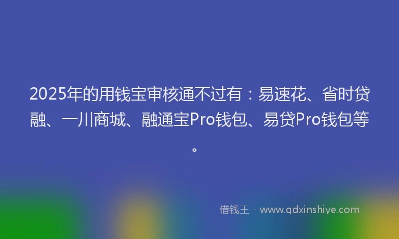 2025年的用钱宝审核通不过有：易速花、省时贷融、一川商城、融通宝Pro钱包、易贷Pro钱包等。