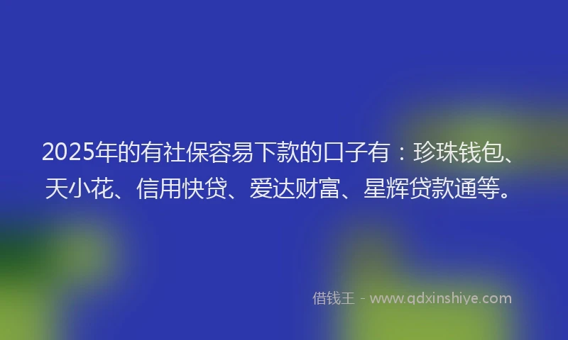 2025年的有社保容易下款的口子有：珍珠钱包、天小花、信用快贷、爱达财富、星辉贷款通等。