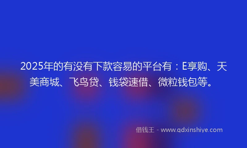 2025年的有没有下款容易的平台有：E享购、天美商城、飞鸟贷、钱袋速借、微粒钱包等。