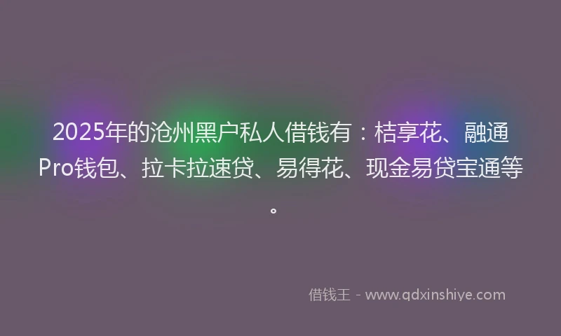 2025年的沧州黑户私人借钱有：桔享花、融通Pro钱包、拉卡拉速贷、易得花、现金易贷宝通等。