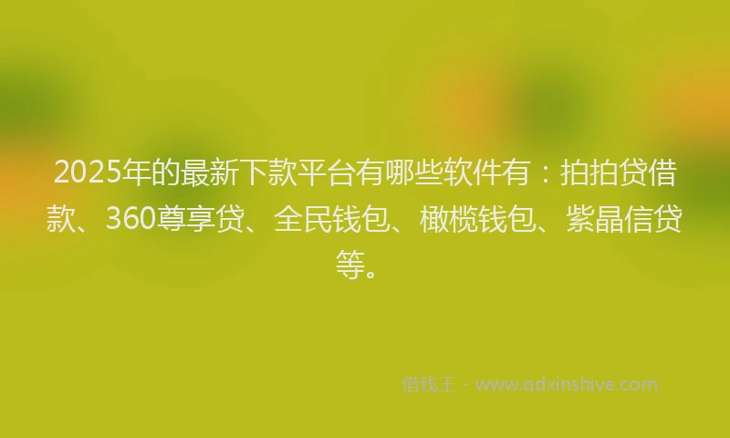 2025年的最新下款平台有哪些软件有：拍拍贷借款、360尊享贷、全民钱包、橄榄钱包、紫晶信贷等。