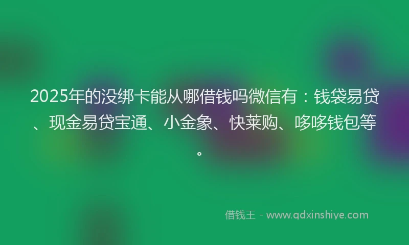 2025年的没绑卡能从哪借钱吗微信有：钱袋易贷、现金易贷宝通、小金象、快莱购、哆哆钱包等。