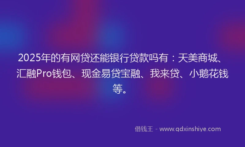 2025年的有网贷还能银行贷款吗有：天美商城、汇融Pro钱包、现金易贷宝融、我来贷、小鹅花钱等。