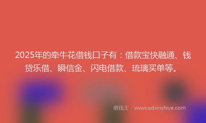 2025年的牵牛花借钱口子有：借款宝快融通、钱贷乐借、瞬信金、闪电借款、琉璃买单等。
