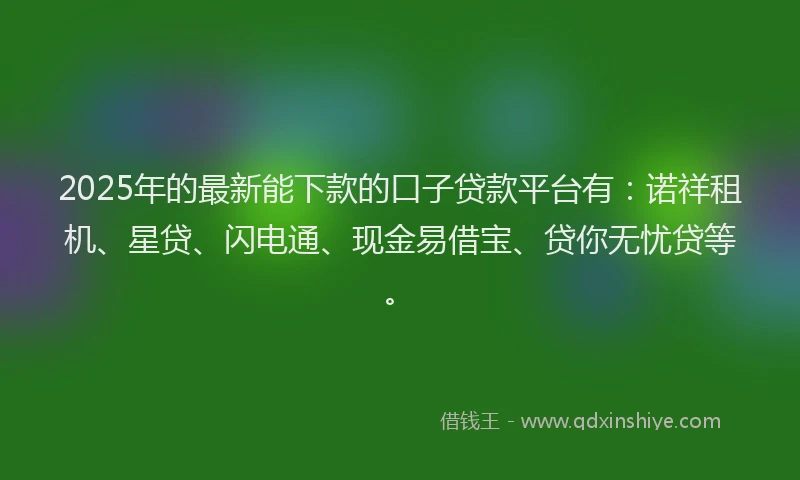 2025年的最新能下款的口子贷款平台有：诺祥租机、星贷、闪电通、现金易借宝、贷你无忧贷等。